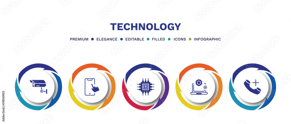 set of technology filled icons. technology filled icons with infographic template. flat icons such as surveillance camera, touchscreen, big chip, services, add call vector. set of technology filled icons. technology filled icons with infographic template. flat icons such as surveillance camera, touchscreen, big chip, services, add call vector.