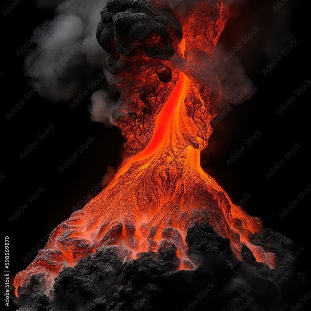  A powerful, volcanic eruption with billowing smoke and molten lava on a black background, capturing the raw, unstoppable force of nature. generative ai