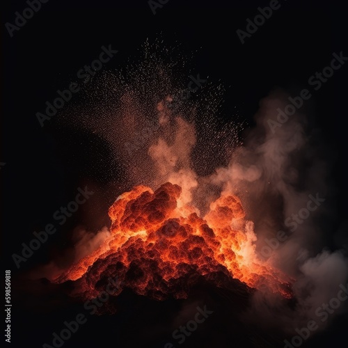  A powerful, volcanic eruption with billowing smoke and molten lava on a black background, capturing the raw, unstoppable force of nature. generative ai
