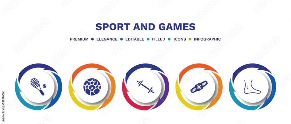 set of sport and games filled icons. sport and games filled icons with infographic template. flat icons such as tennis game, soccer football ball, weighted bars, champion belt, ankle vector. set of sport and games filled icons. sport and games filled icons with infographic template. flat icons such as tennis game, soccer football ball, weighted bars, champion belt, ankle vector.