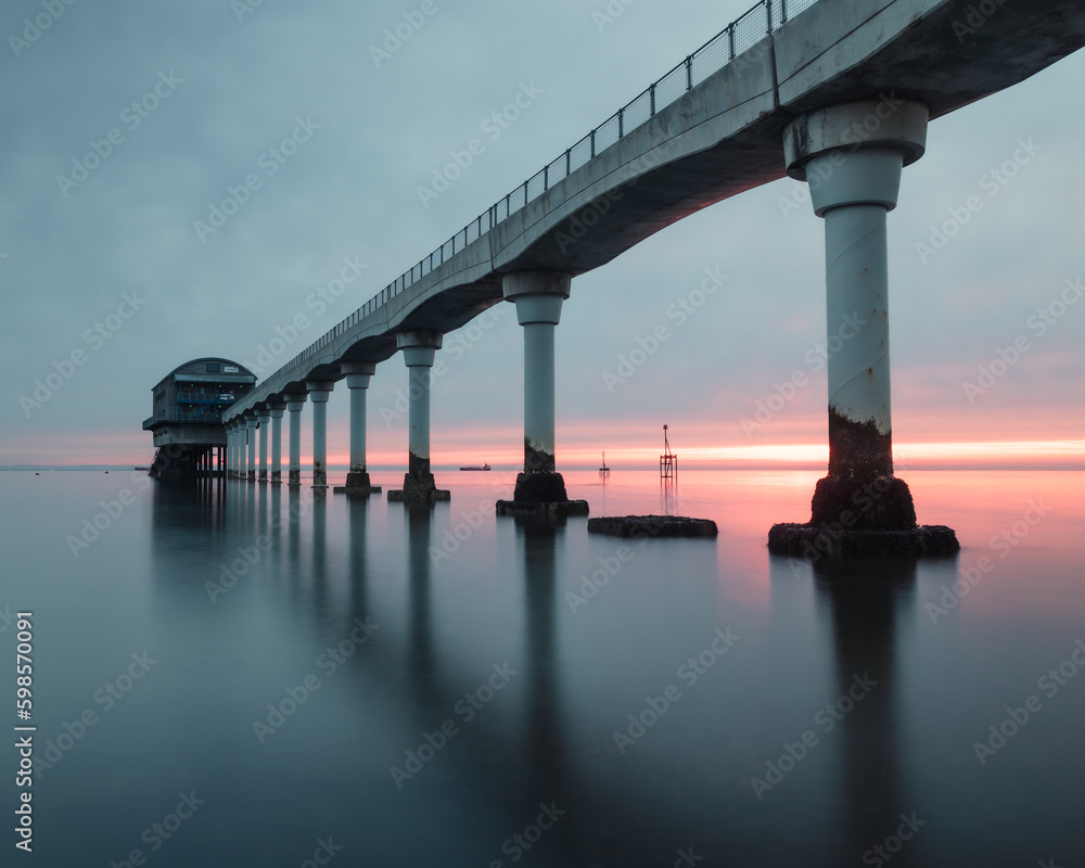 A beautiful pier in the calm sea at sunrise