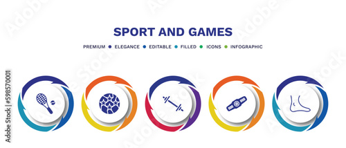 set of sport and games filled icons. sport and games filled icons with infographic template. flat icons such as tennis game, soccer football ball, weighted bars, champion belt, ankle vector.