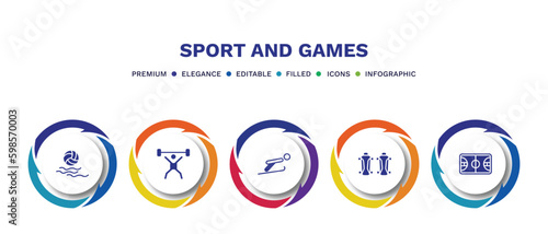 set of sport and games filled icons. sport and games filled icons with infographic template. flat icons such as waterpolo, weight lifting, jumping ski, shin guards, basketball court vector.
