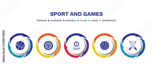 set of sport and games filled icons. sport and games filled icons with infographic template. flat icons such as basketball basket, football ball circular, golden medal, exercise ball, saber vector.