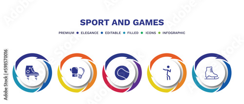 set of sport and games filled icons. sport and games filled icons with infographic template. flat icons such as flying shoes, boxing glove, tennis sport ball, dancing motion, ice skating vector.