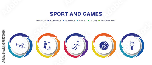 set of sport and games filled icons. sport and games filled icons with infographic template. flat icons such as snow slide zone, fisher fishing, man sprinting, volleyball ball, world cup vector.