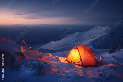 A starry night in a snowy landscape a tent and a sleeping bag, the only sounds are nature's. AI Generative Generative AI