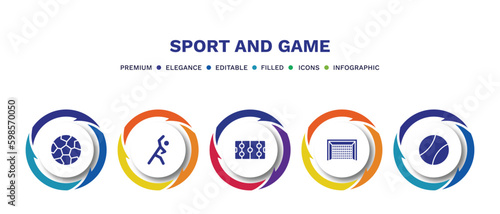 set of sport and game filled icons. sport and game filled icons with infographic template. flat icons such as soccer football ball, stretching, hockey arena, hockey goal, tennis sport ball vector.