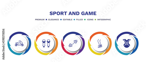 set of sport and game filled icons. sport and game filled icons with infographic template. flat icons such as race bike, shin guards, weighted bars, sprained ankle, chest guard vector.