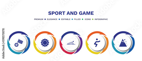 set of sport and game filled icons. sport and game filled icons with infographic template. flat icons such as motor sports, equipment, man doing pushups, squat, snow slide zone vector.