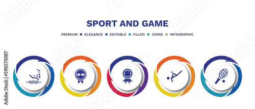 set of sport and game filled icons. sport and game filled icons with infographic template. flat icons such as scuba diving, weight lifting medal, golden medal, capoeira, squash vector.