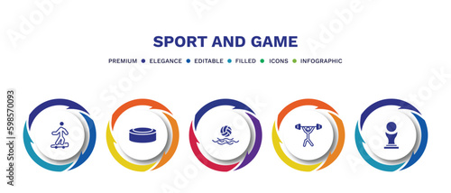 set of sport and game filled icons. sport and game filled icons with infographic template. flat icons such as boy with skatingboard, hockey puck, waterpolo, weight lifting, brazilian vector. photo