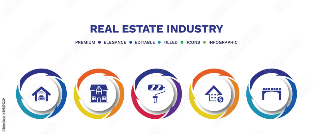 set of real estate industry filled icons. real estate industry filled icons with infographic template. flat icons such as garage, mansion, paint roll, real estate, bridges vector. set of real estate industry filled icons. real estate industry filled icons with infographic template. flat icons such as garage, mansion, paint roll, real estate, bridges vector.