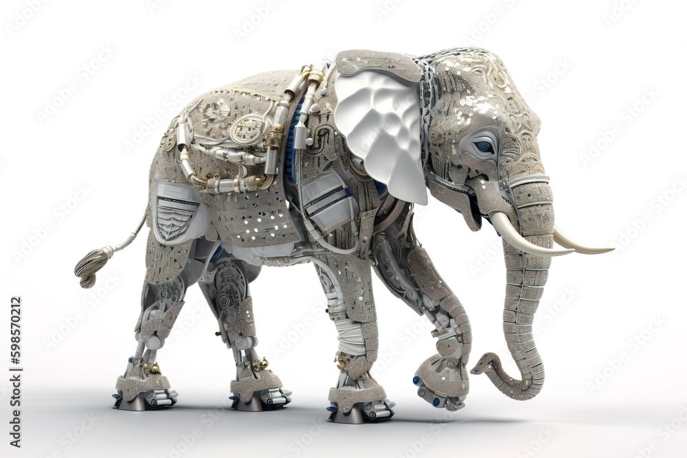 Fototapeta premium Image of an elephant modified into a electronics robot on a white background. Wild animal. illustration, generative AI.