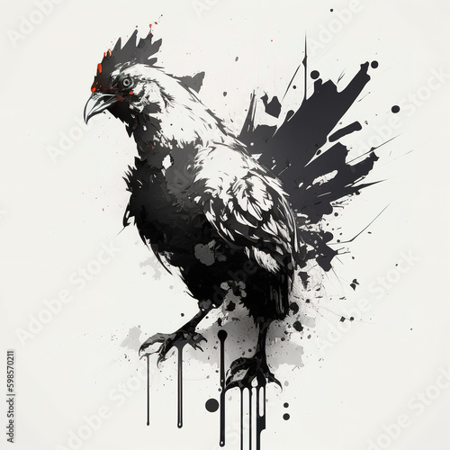 Fotografiet Image of a chicken drawing using a brush and black ink on white background