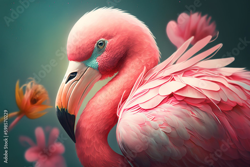 Image of a colorful flamingo with tropical forests. Birds. Wildlife Animals. Illustration, Generative AI.