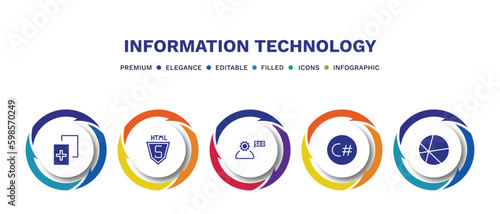 set of information technology filled icons. information technology filled icons with infographic template. flat icons such as duplicate, html5, seo consulting, c sharp, theme vector.
