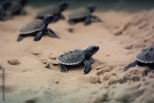 Image of baby black sea turtle on the sand. Sea animals. Illustration, Generative AI. © yod67