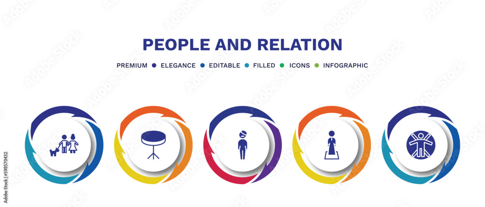 set of people and relation filled icons. people and relation filled icons with infographic template. flat icons such as man girl and dog, round table, bohemian, salat, vitruvian man vector. set of people and relation filled icons. people and relation filled icons with infographic template. flat icons such as man girl and dog, round table, bohemian, salat, vitruvian man vector.