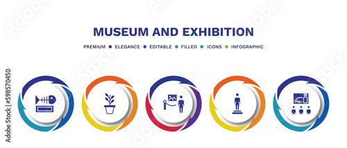 set of museum and exhibition filled icons. museum and exhibition filled icons with infographic template. flat icons such as fishbone, botanical, excursion, statue, tour vector.