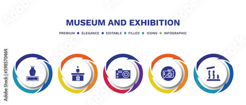 set of museum and exhibition filled icons. museum and exhibition filled icons with infographic template. flat icons such as ceramic, information desk, photographic, no photo, relics vector.