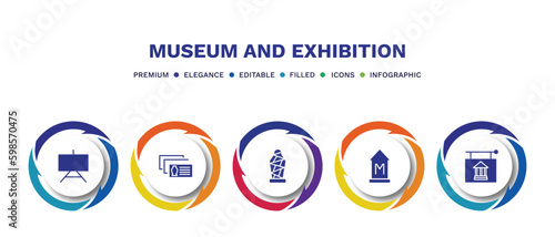 set of museum and exhibition filled icons. museum and exhibition filled icons with infographic template. flat icons such as museum canvas, postcards, sarcophagus, ,