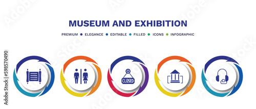 set of museum and exhibition filled icons. museum and exhibition filled icons with infographic template. flat icons such as paper scroll, restroom, closed, buffalo, audio guide vector.