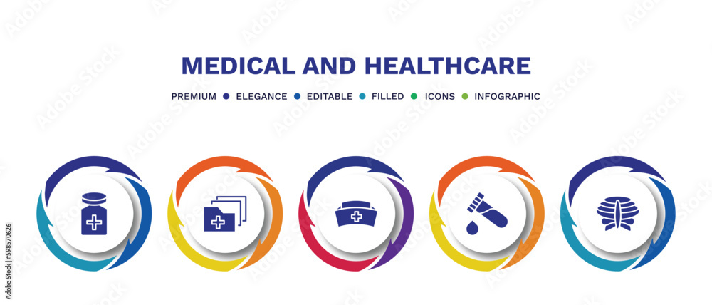 set of medical and healthcare filled icons. medical and healthcare filled icons with infographic template. flat icons such as cure, medical results folders, nurse cross, blood analysis, sternum set of medical and healthcare filled icons. medical and healthcare filled icons with infographic template. flat icons such as cure, medical results folders, nurse cross, blood analysis, sternum