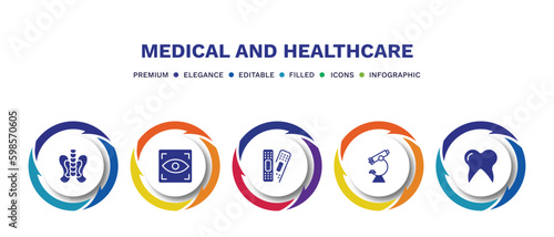 set of medical and healthcare filled icons. medical and healthcare filled icons with infographic template. flat icons such as p, eye scanner medical, plastering, microscope tool, molar tooth vector.