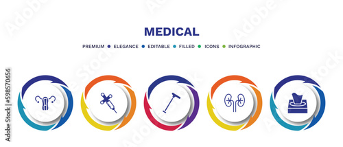 set of medical filled icons. medical filled icons with infographic template. flat icons such as uterus, anesthesia, walking stick, kidney, tissue paper vector.