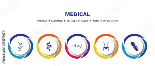 set of medical filled icons. medical filled icons with infographic template. flat icons such as ear, intestine, lifeline, fit, pill vector.