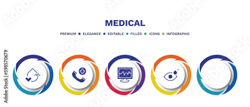 set of medical filled icons. medical filled icons with infographic template. flat icons such as blood pressure, emergency call, , ecg, eye drops vector.