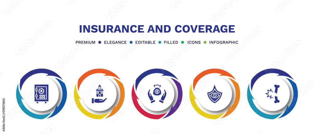 set of insurance and coverage filled icons. insurance and coverage filled icons with infographic template. flat icons such as bank safe, mortgage, savings, vision insurance, fracture vector. set of insurance and coverage filled icons. insurance and coverage filled icons with infographic template. flat icons such as bank safe, mortgage, savings, vision insurance, fracture vector.