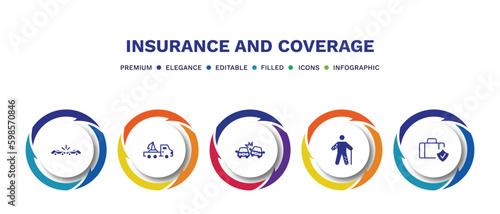 set of insurance and coverage filled icons. insurance and coverage filled icons with infographic template. flat icons such as frontal crash, towed car, crash, wounded, luggage insurance vector.