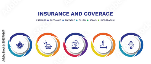 set of insurance and coverage filled icons. insurance and coverage filled icons with infographic template. flat icons such as protection, hail on the car, investment insurance, hospitalization,