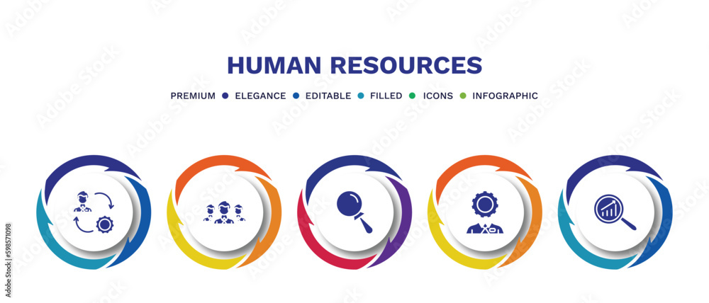 set of human resources filled icons. human resources filled icons with infographic template. flat icons such as change management, work team, searching, administrator, analysis vector. set of human resources filled icons. human resources filled icons with infographic template. flat icons such as change management, work team, searching, administrator, analysis vector.
