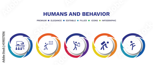 set of humans and behavior filled icons. humans and behavior filled icons with infographic template. flat icons such as classroom, storekeeper, worker with notepad, carrying on back, smortsmen