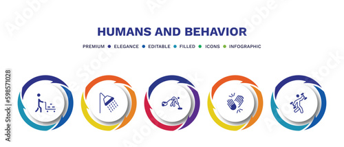 set of humans and behavior filled icons. humans and behavior filled icons with infographic template. flat icons such as hotel supplier, showering, vacuum cleaning, high five, fitness exercises