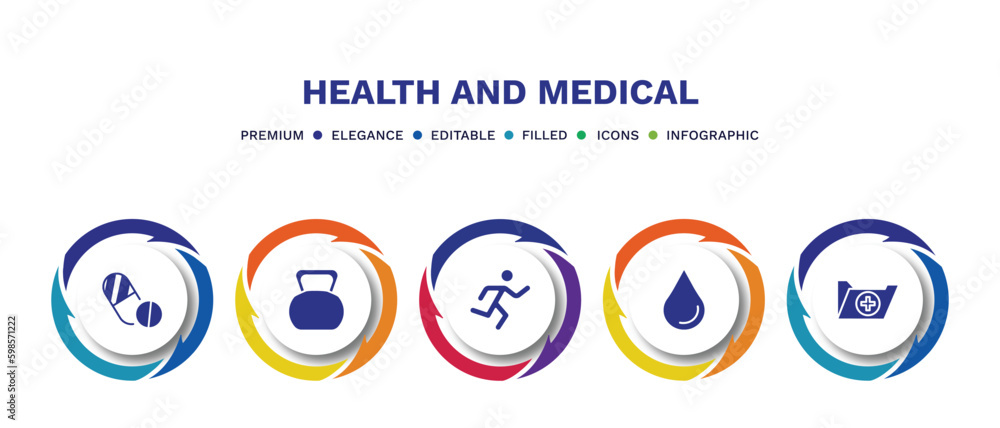 set of health and medical filled icons. health and medical filled icons with infographic template. flat icons such as contraceptive pills, kettlebell, running, blood, records vector.