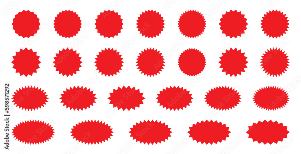 Starburst red sticker set - collection of special offer sale round and oval sunburst labels and buttons isolated on white background. Stickers and badges with star edges for promo advertising. Starburst red sticker set - collection of special offer sale round and oval sunburst labels and buttons isolated on white background. Stickers and badges with star edges for promo advertising.