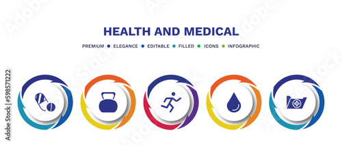 set of health and medical filled icons. health and medical filled icons with infographic template. flat icons such as contraceptive pills, kettlebell, running, blood, records vector.