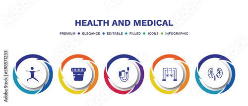 set of health and medical filled icons. health and medical filled icons with infographic template. flat icons such as exercise, urine, sphygmomanometer, rings, urology vector.