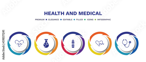 set of health and medical filled icons. health and medical filled icons with infographic template. flat icons such as beat, poisonous, punching bag, cardiology, phonendoscope vector.