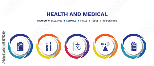 set of health and medical filled icons. health and medical filled icons with infographic template. flat icons such as medical result, ampoule, saline, non ionizing radiation, checklist vector.