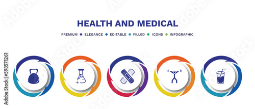 set of health and medical filled icons. health and medical filled icons with infographic template. flat icons such as dumbbell, medical substance, band aid, weightlifting, juice vector.