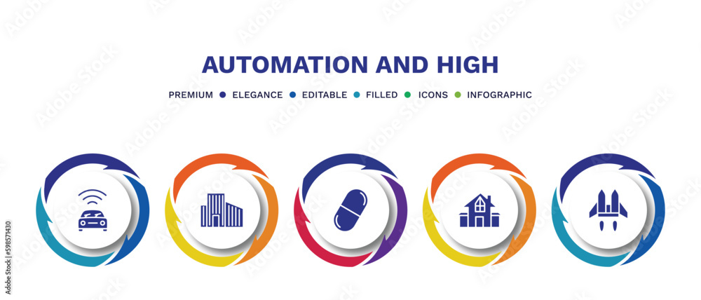 set of automation and high filled icons. automation and high filled icons with infographic template. flat icons such as vehicle, building, capsule, residential, jetpack vector. set of automation and high filled icons. automation and high filled icons with infographic template. flat icons such as vehicle, building, capsule, residential, jetpack vector.