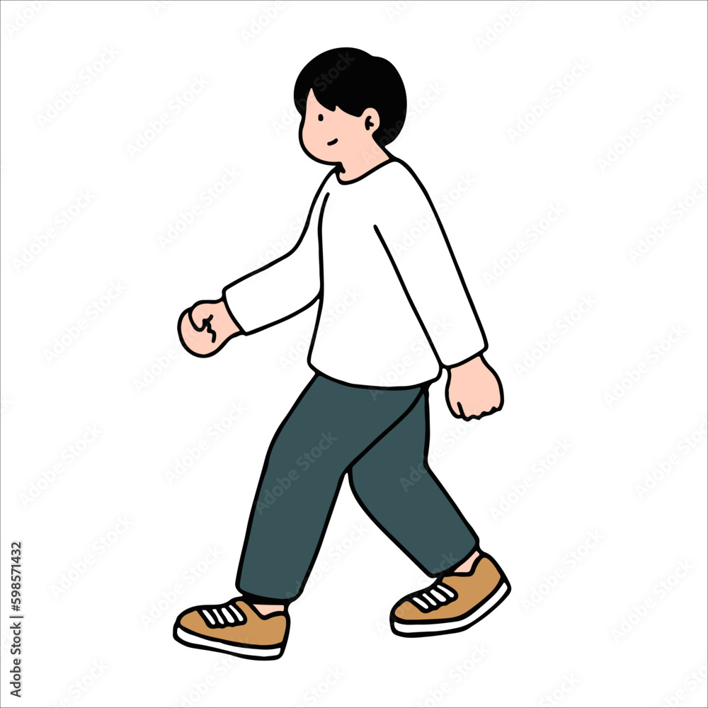 An illustration shows characters of people walking down the street. Young man are depicted in a side view, walking while isolated on a white background.