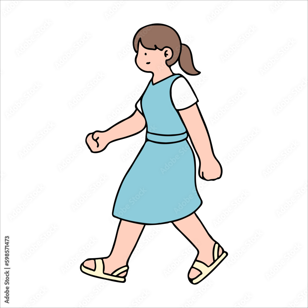An illustration shows characters of people walking down the street. Young woman are depicted in a side view, walking while isolated on a white background. An illustration shows characters of people walking down the street. Young woman are depicted in a side view, walking while isolated on a white background.