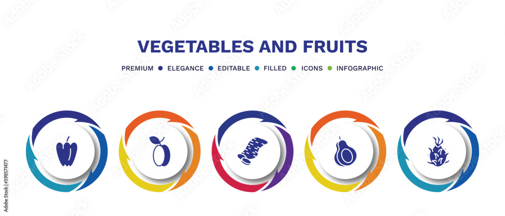 set of vegetables and fruits filled icons. vegetables and fruits filled icons with infographic template. flat icons such as paprika, plum, sweet potato, avocado, pitaya vector. set of vegetables and fruits filled icons. vegetables and fruits filled icons with infographic template. flat icons such as paprika, plum, sweet potato, avocado, pitaya vector.