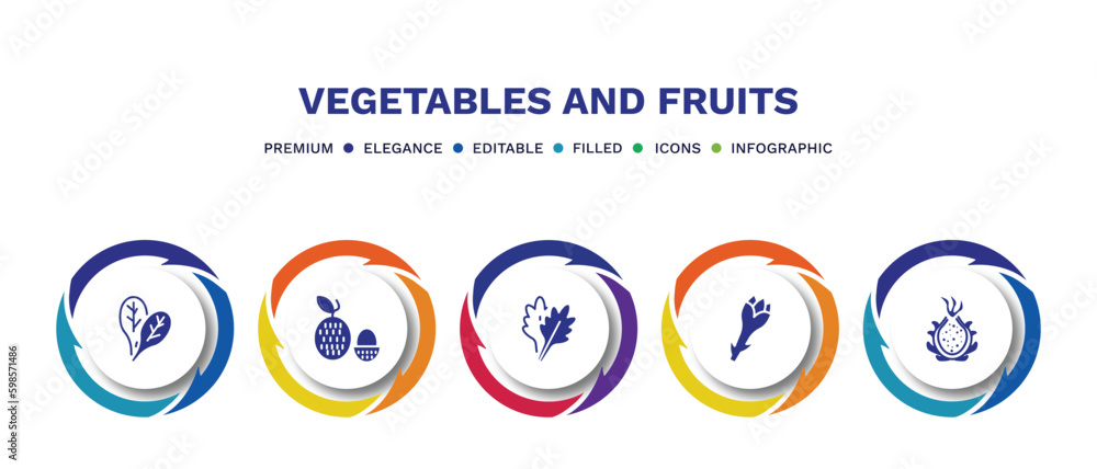 set of vegetables and fruits filled icons. vegetables and fruits filled icons with infographic template. flat icons such as spinach, lychee, arugula, asparagus, dragon fruit vector. set of vegetables and fruits filled icons. vegetables and fruits filled icons with infographic template. flat icons such as spinach, lychee, arugula, asparagus, dragon fruit vector.
